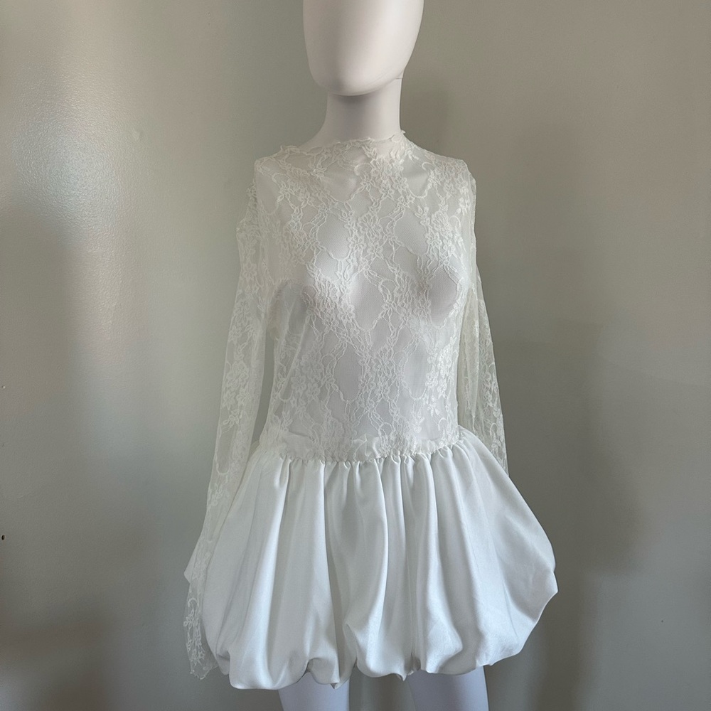 SHEIN White Lace Long Sleeve Bubble Hem Mini Dress